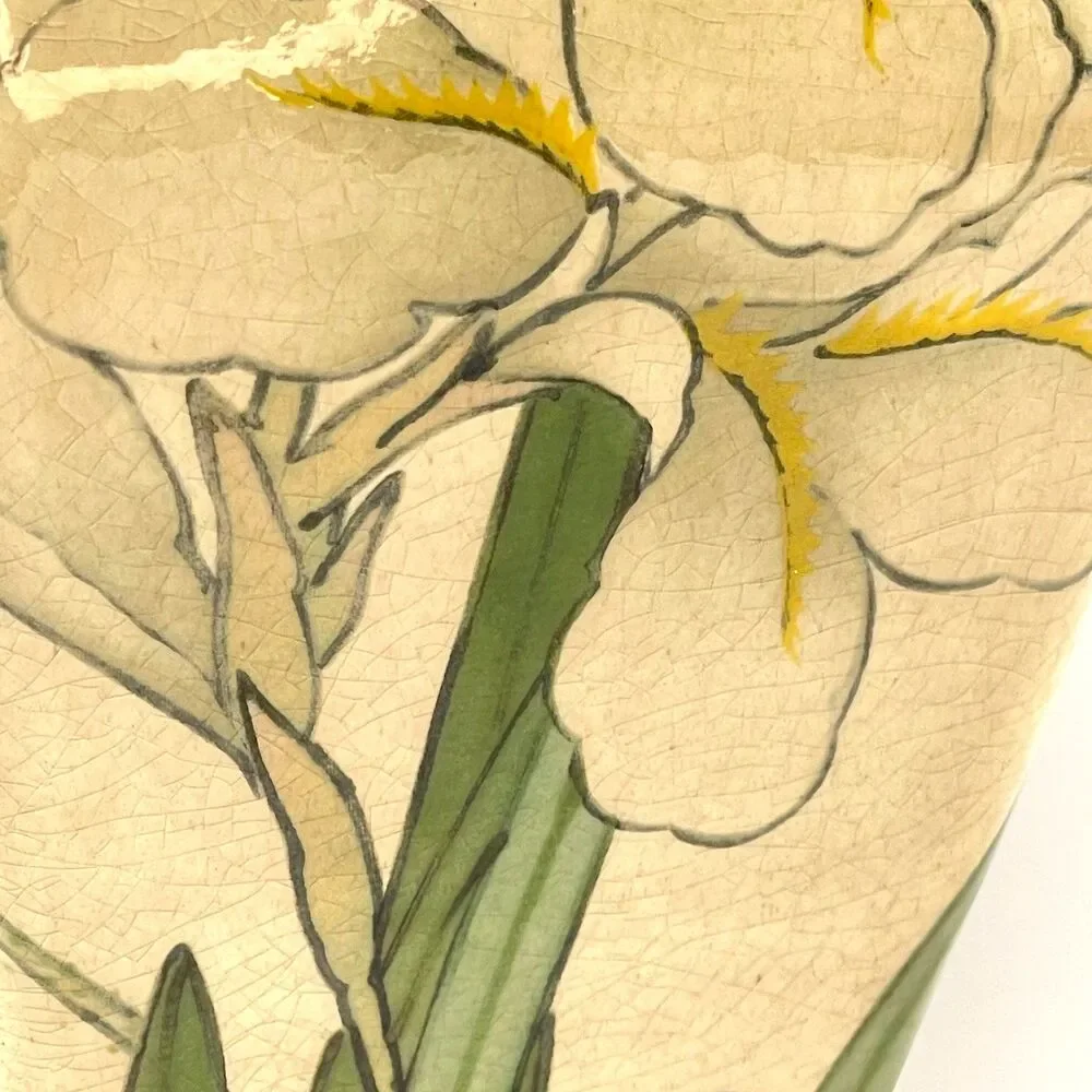 Vintage 10” Hand Decorated Iris Butterfly Ceramic Vase Signed Teri-Crazed Glaze
